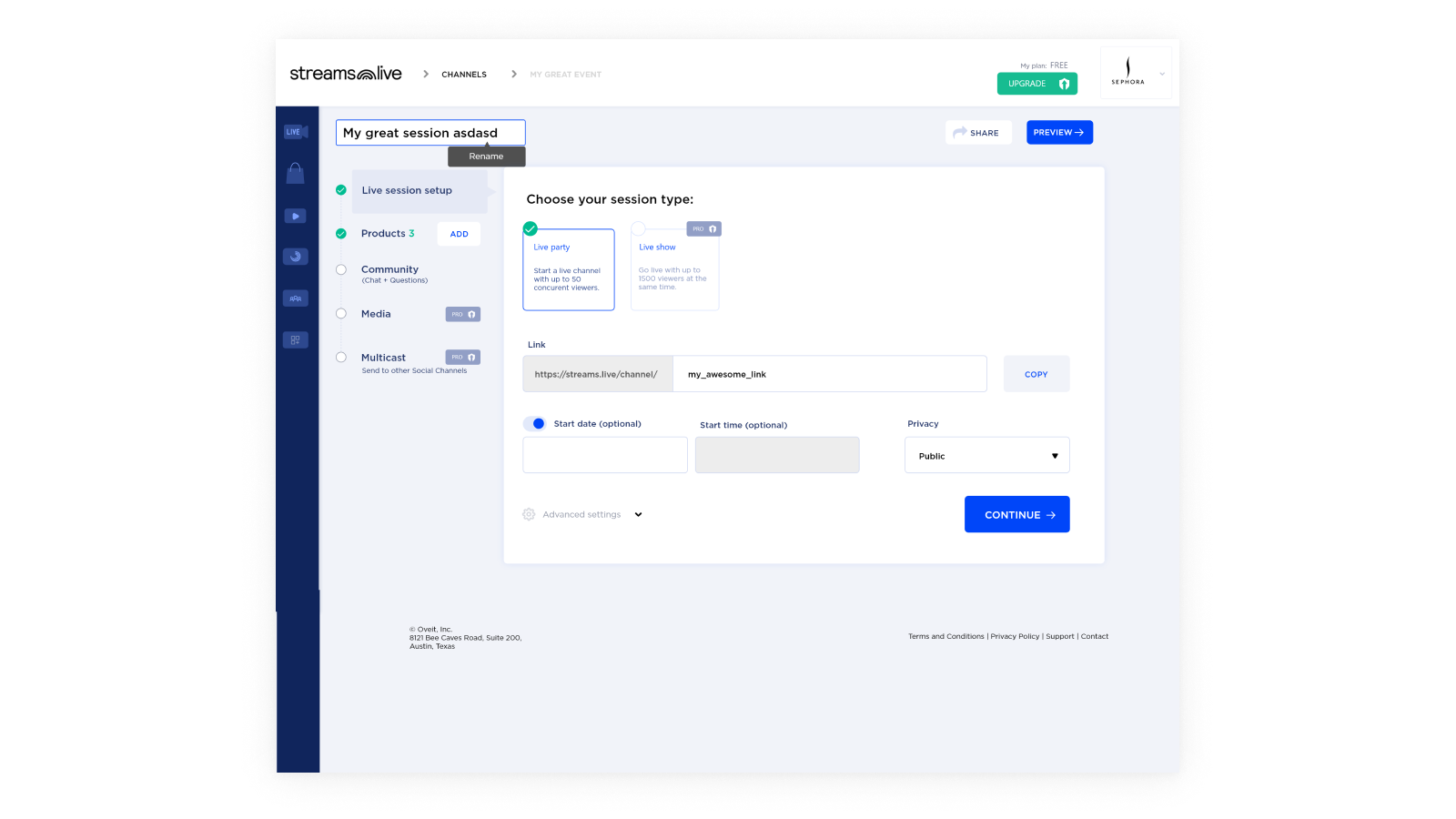 configurez les informations pour vos sessions de commerce en direct