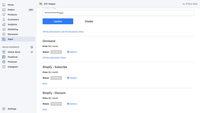 API Helper voor Shopify admin screenshot