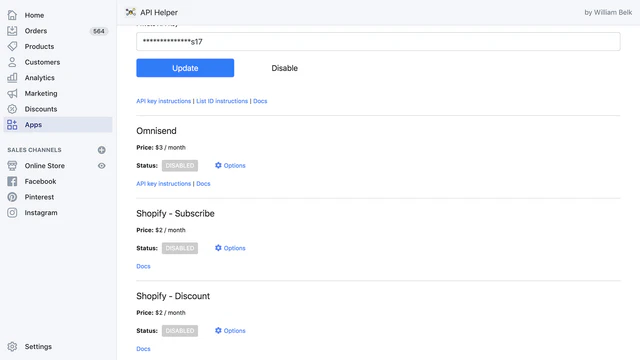 API Helper voor Shopify admin screenshot