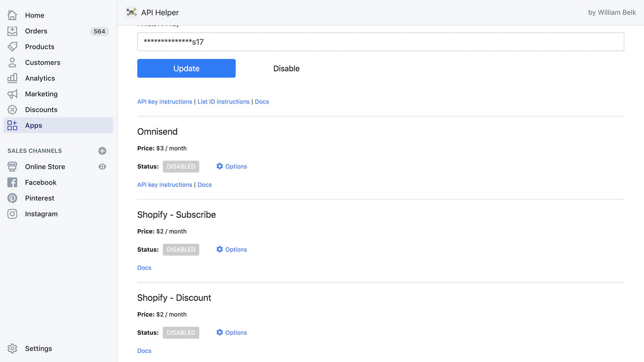 Captura de tela do API Helper para administração do Shopify