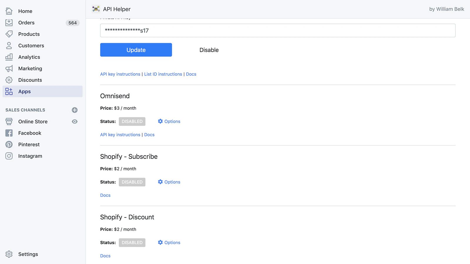 API Helper voor Shopify admin screenshot