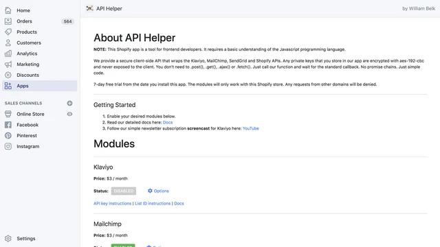 Captura de tela do API Helper para administração do Shopify