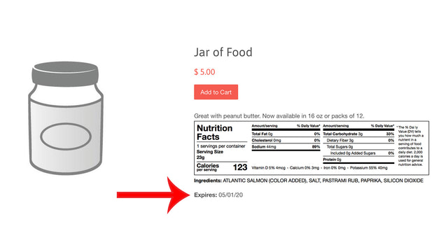 Page de produit avec une date d'expiration affichée (ou numéro de lot)