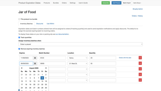 Configurez les dates de péremption, les quantités et le numéro de lot pour un produit