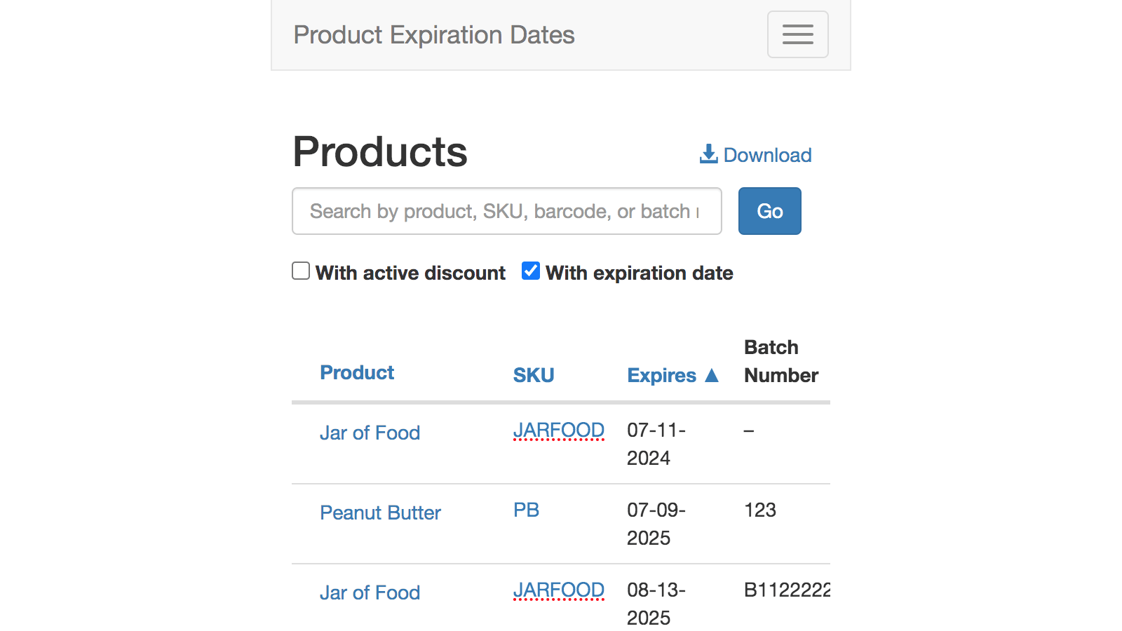 Mobil produktlista med bäst före-datum eller utgångsdatum