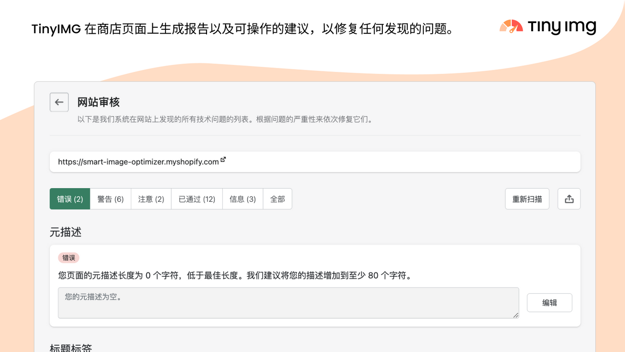 商店 SEO 审核报告列出 SEO 错误、警告、通过的检查