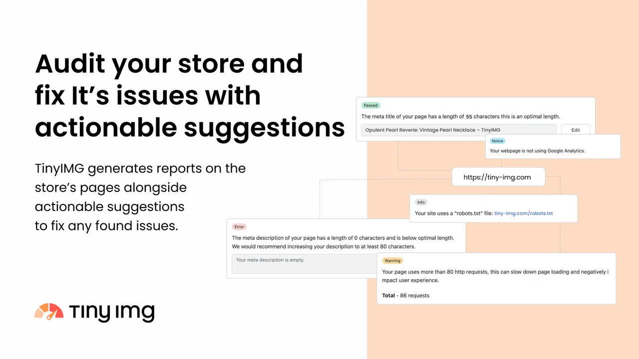 Store SEO audit report lists SEO errors, warnings, passed checks