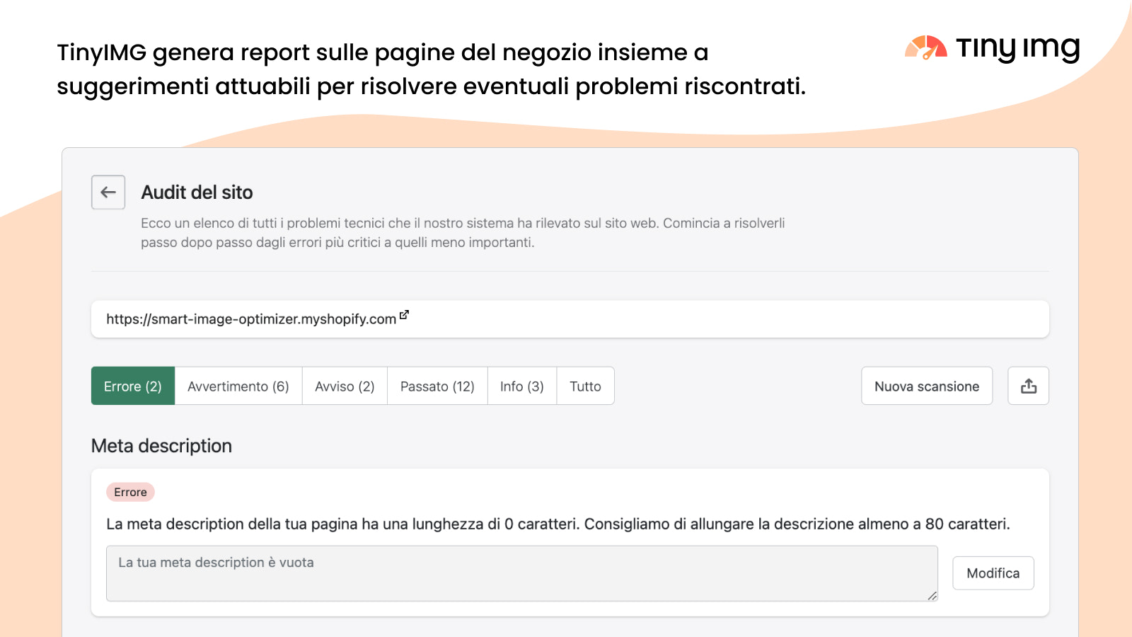 TinyIMG genera report sulle pagine del negozio