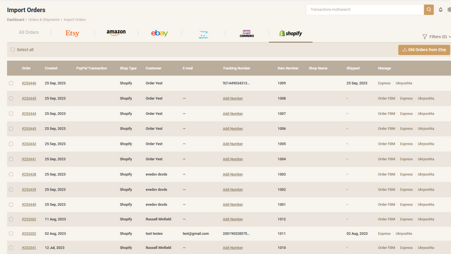 Liste des commandes de Shopify