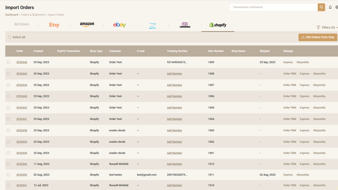 Lista de pedidos da Shopify