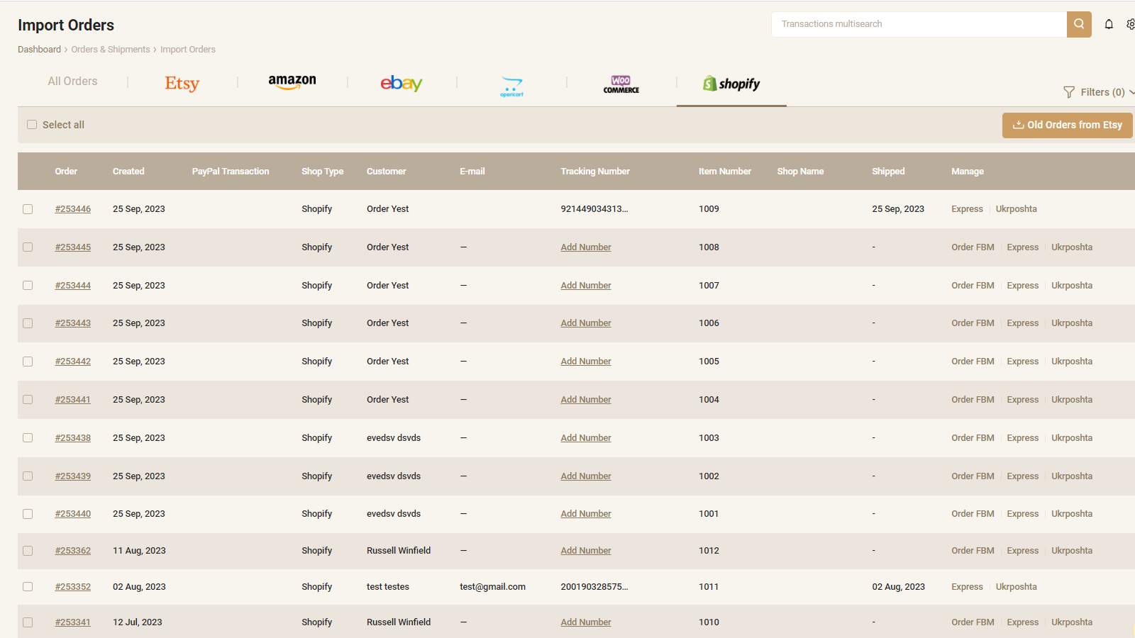 Liste des commandes de Shopify