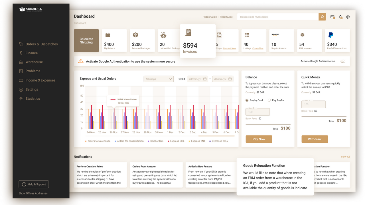 Dashboard in the personal account of SkladUSA