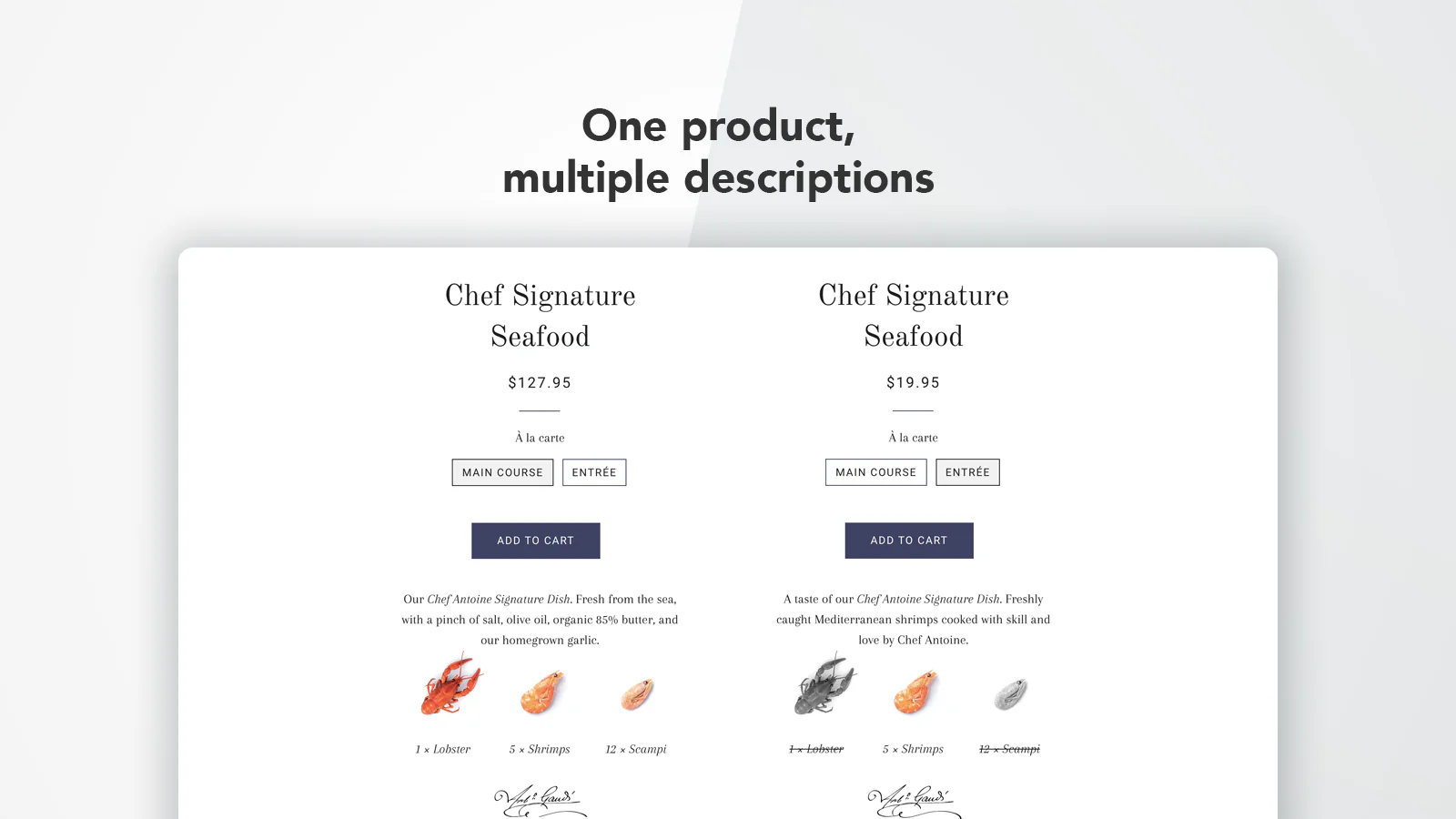 Comparaison côte à côte de variantes de produits