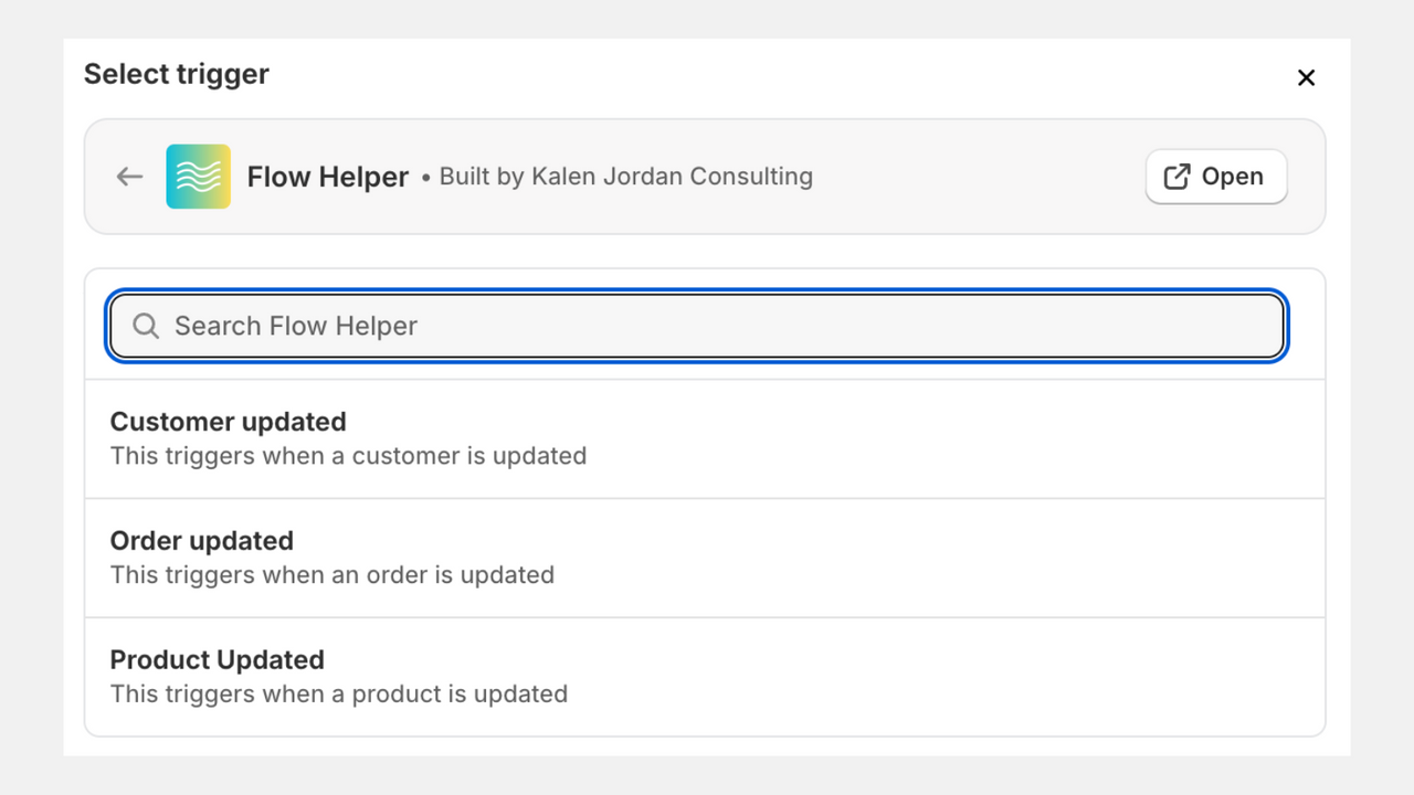 Select from available triggers within Shopify Flow