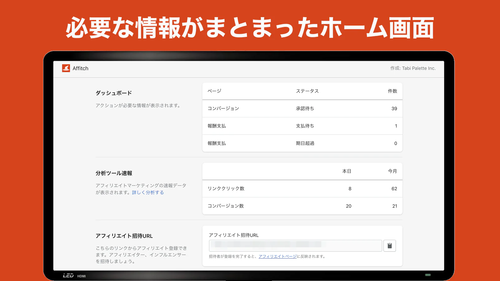 ホームでアクションが必要な情報やアフィリエイトマーケティングの速報データを確認できます。