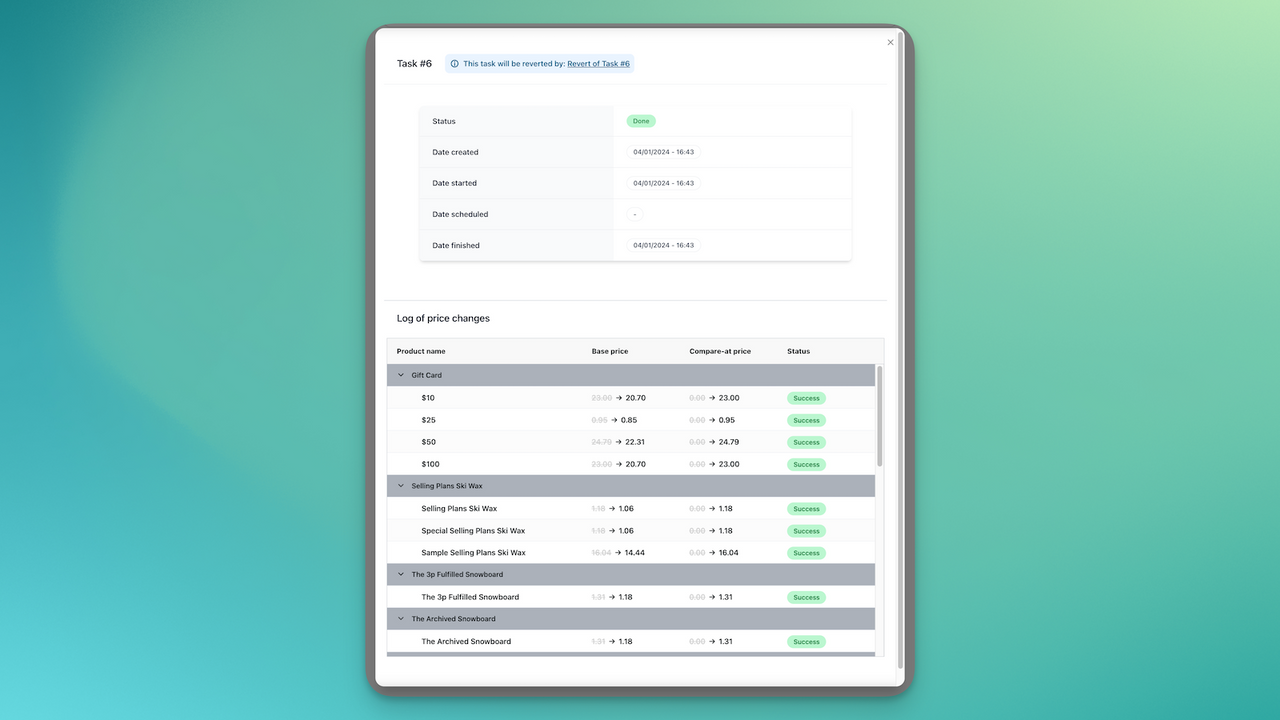 Detail modal voor prijsupdate