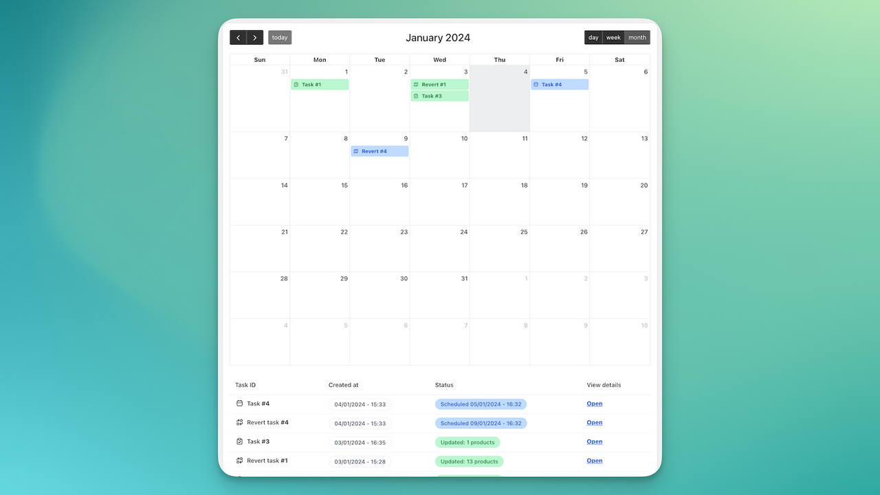 bulk app dashboard med kalender 
