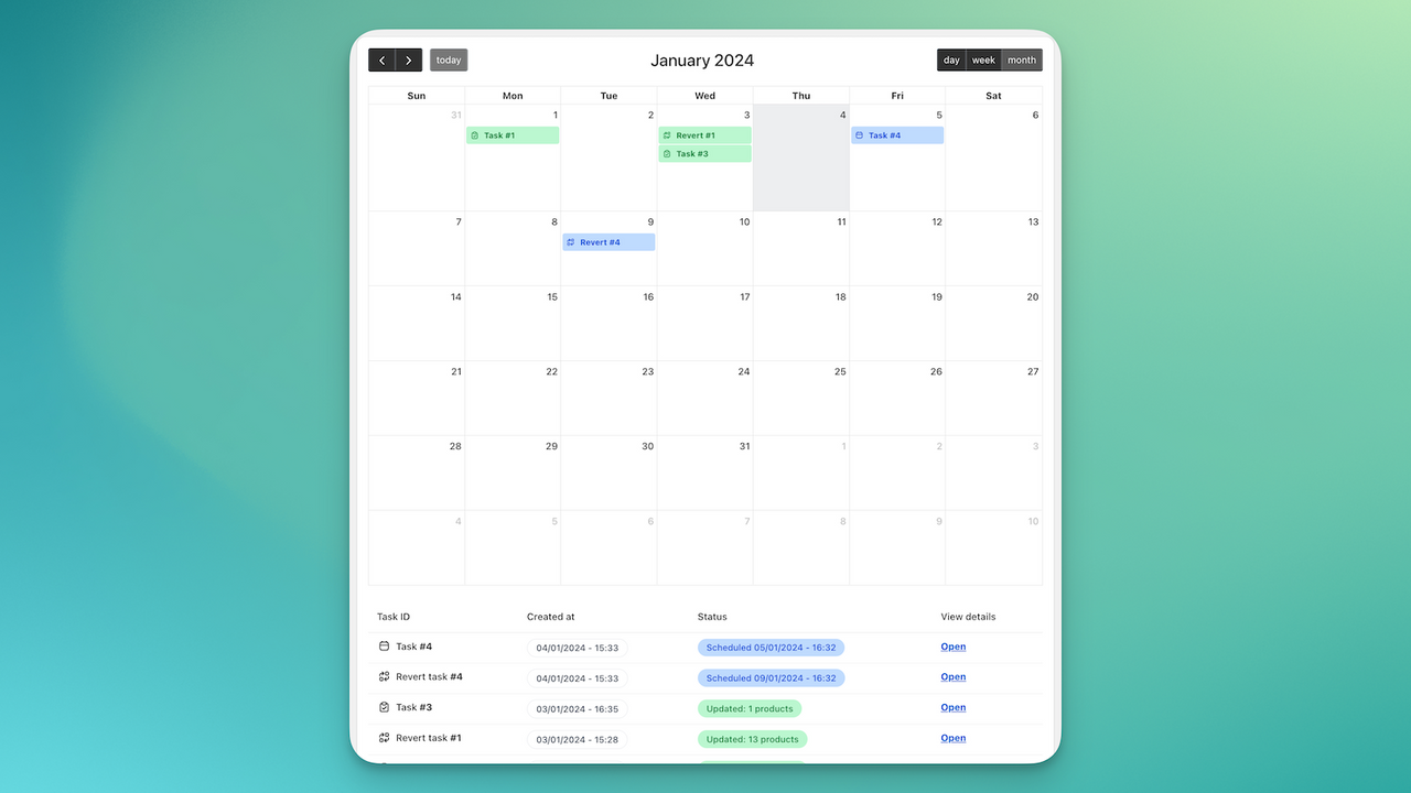 tablero de la aplicación en masa con calendario 