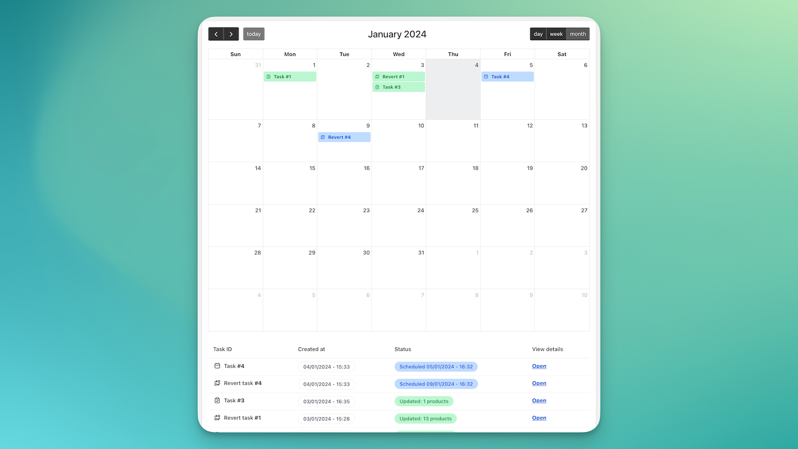 tablero de la aplicación en masa con calendario 