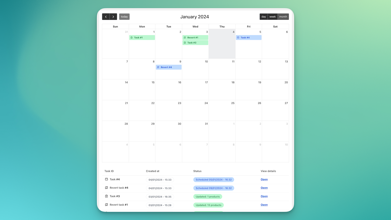 tableau de bord de l'application en vrac avec calendrier 