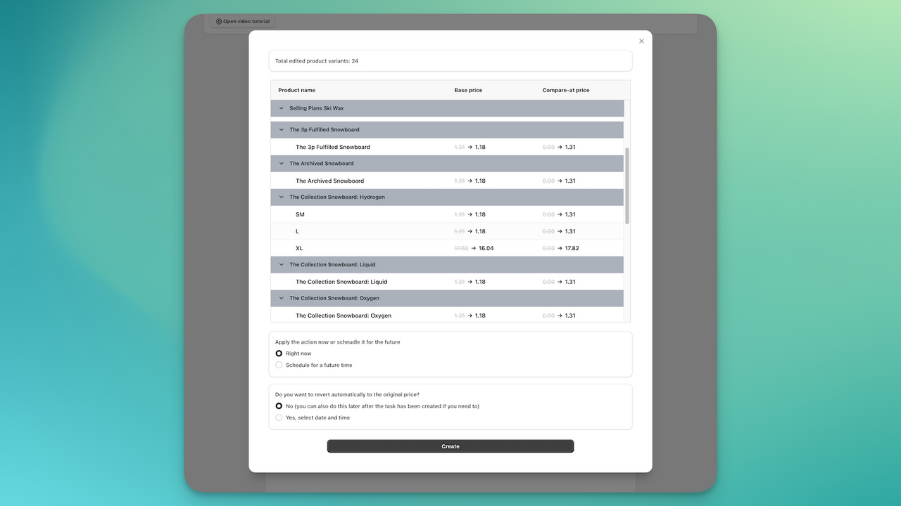 Modal de confirmation des changements de prix