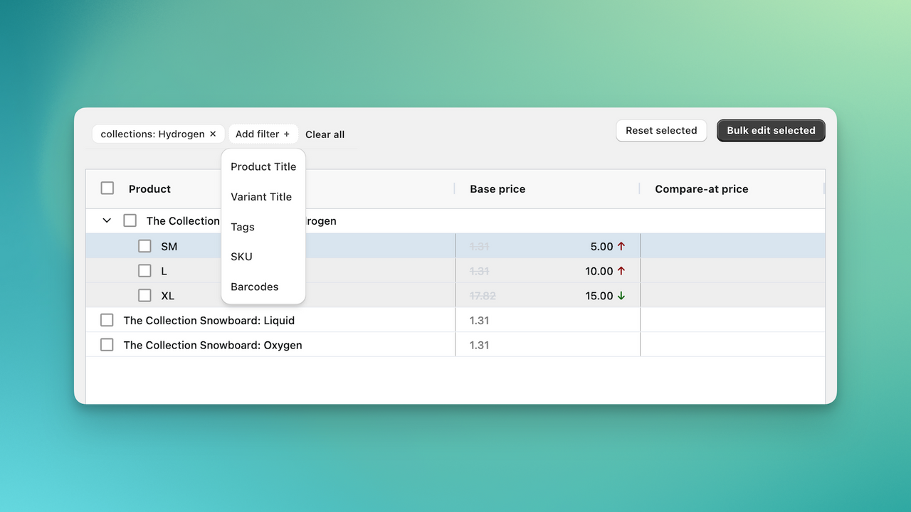 Massenfilter für die Tabelle, die Produkte anzeigt