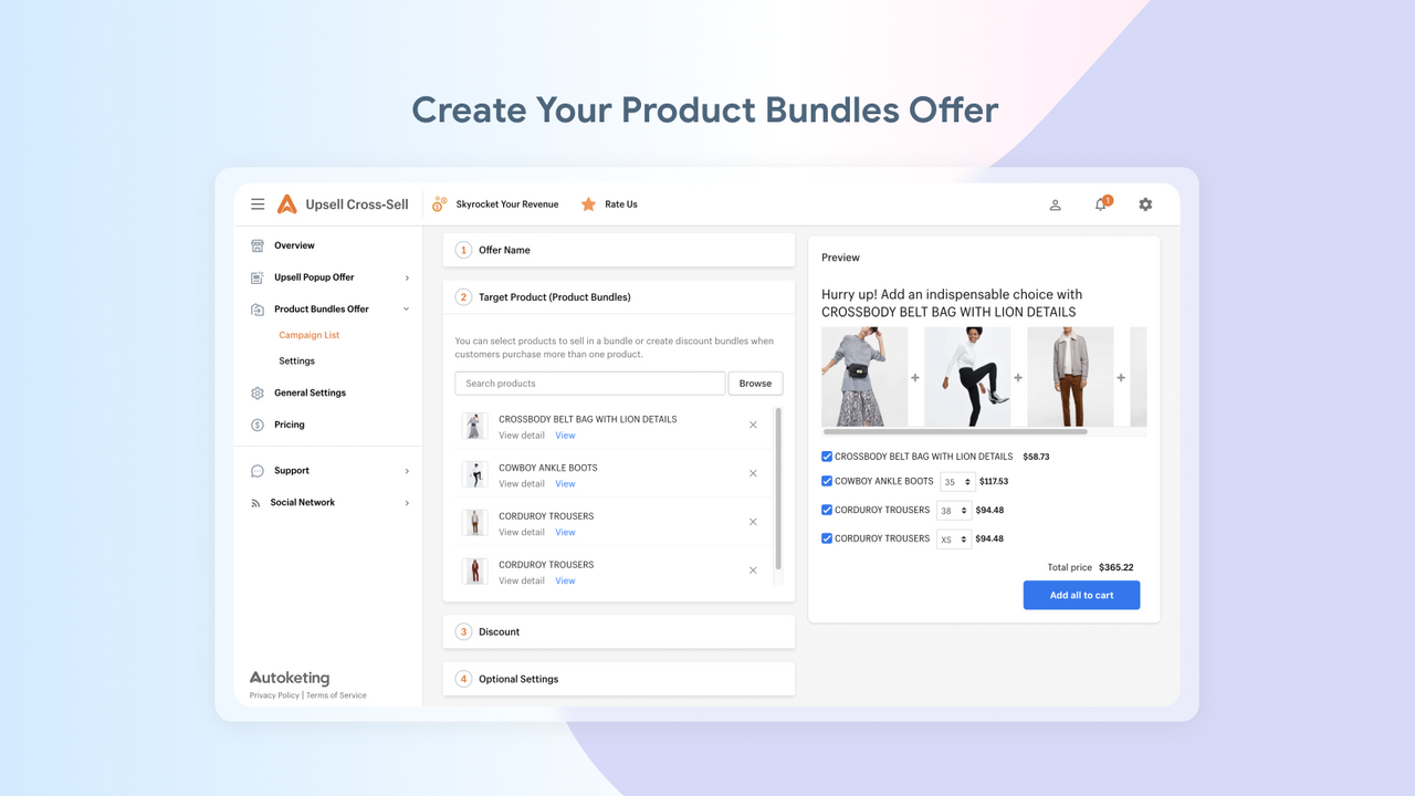 product bundles upsell popup offer dashboard