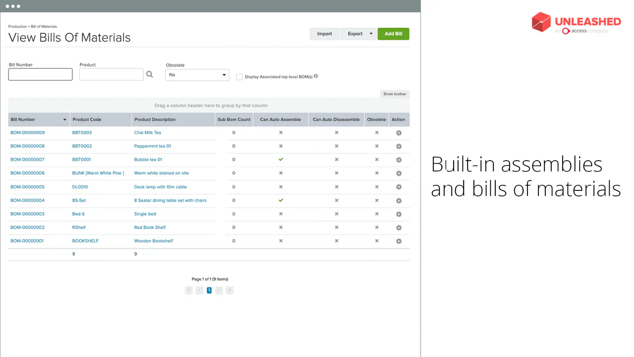 Built-in assemblies and bills of materials