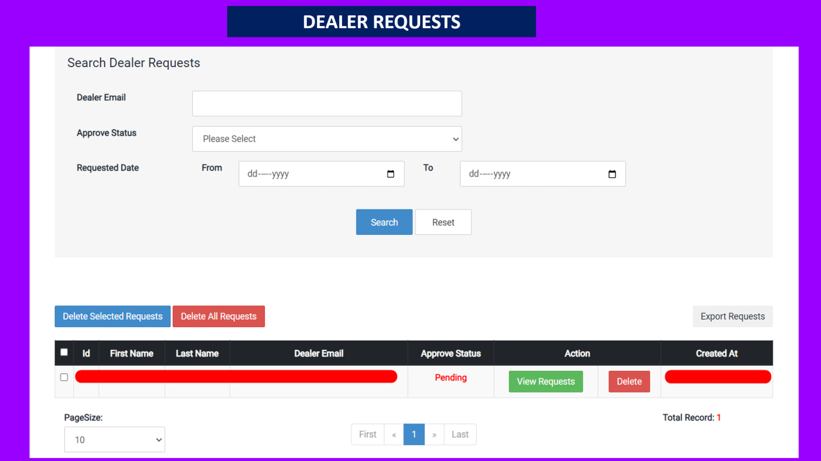 T: Dealer Inquiry Screenshot