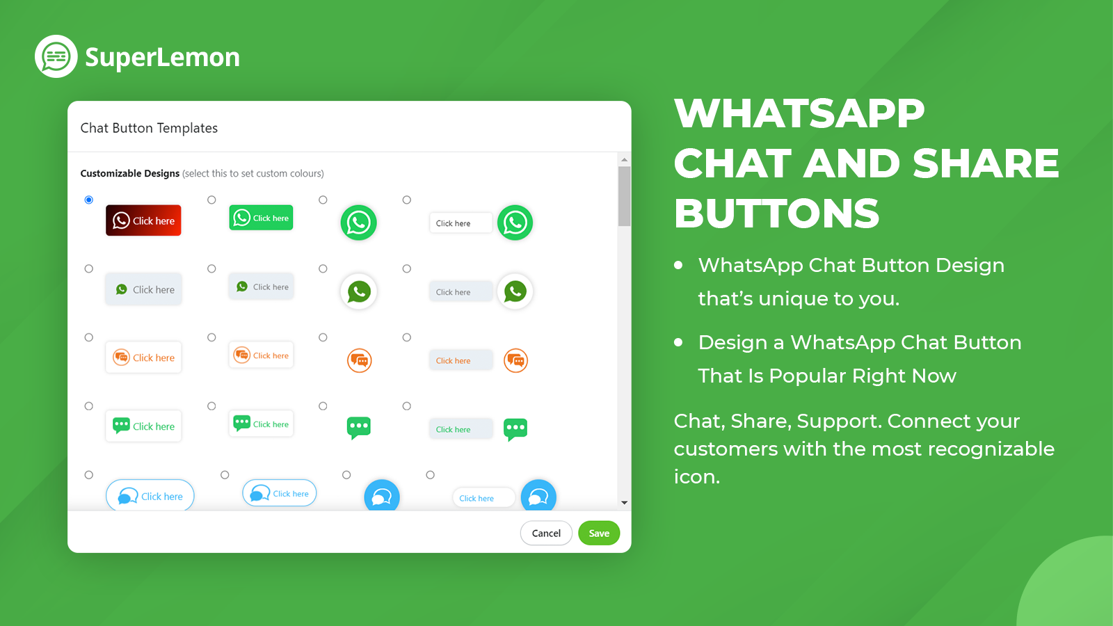 WhatsApp-Chat und Share-Buttons