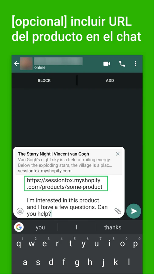 URL del producto en el mensaje automatizado de WhatsApp