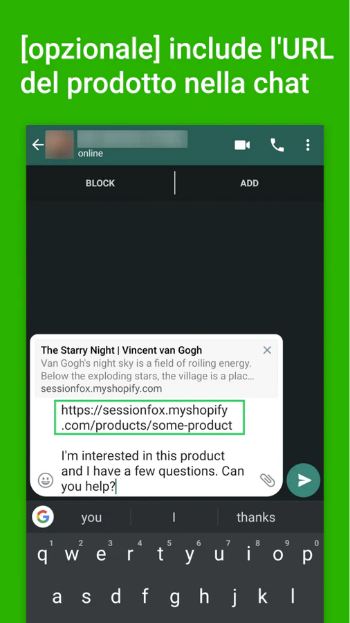 URL del prodotto nel messaggio automatizzato di WhatsApp