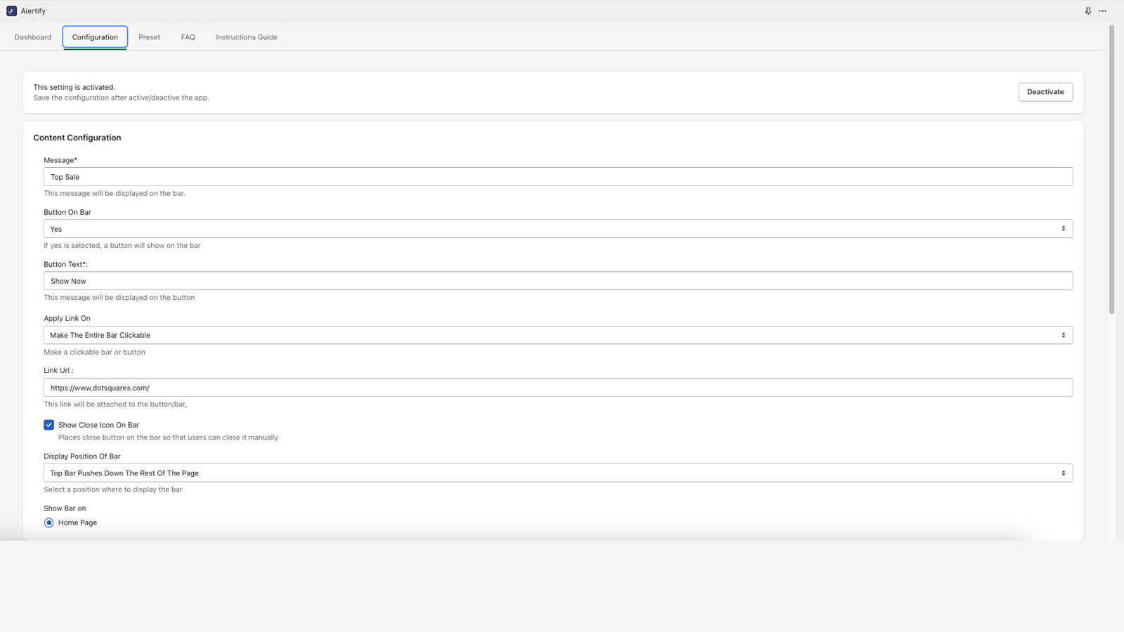 Configuration tab for configure the bar 