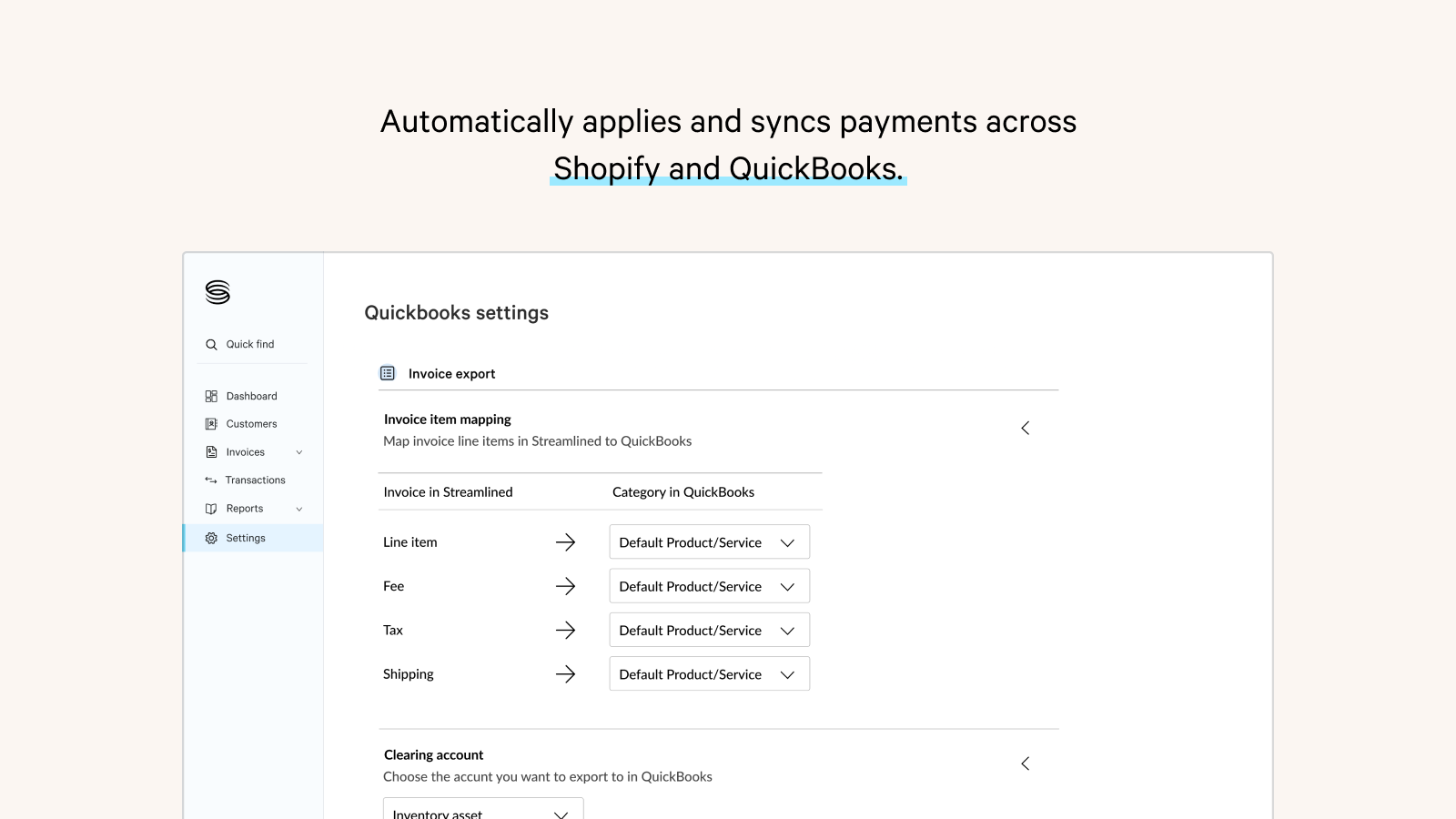 Synkroniserer automatisk med Quickbooks