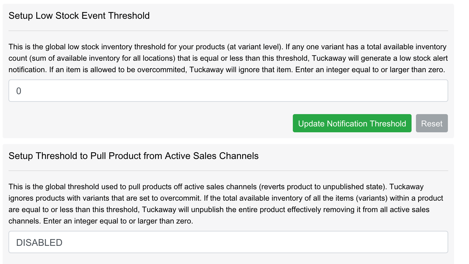 Define low stock level and automatic Tuckaway threshold.