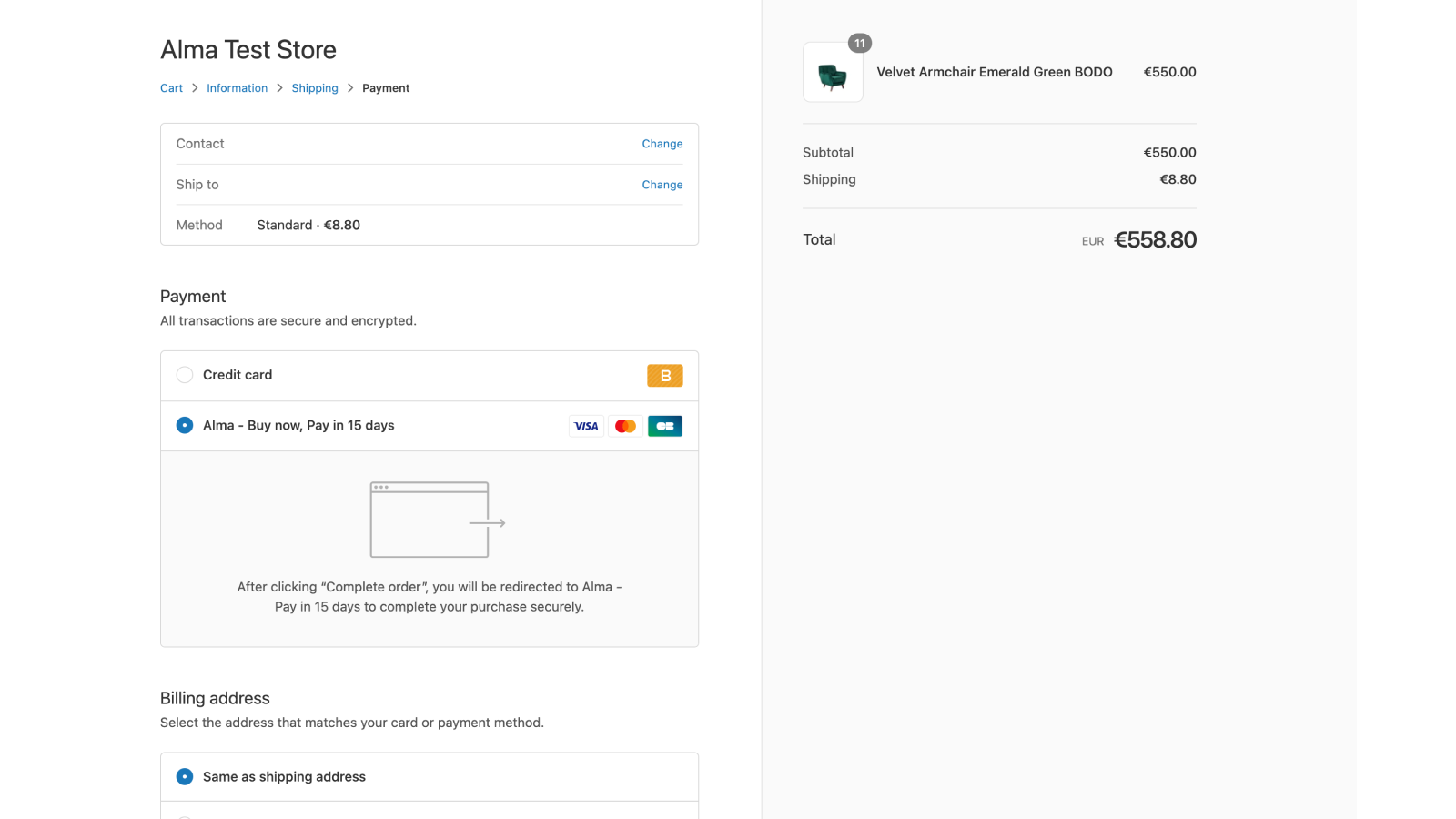 Alma checkout Shopify