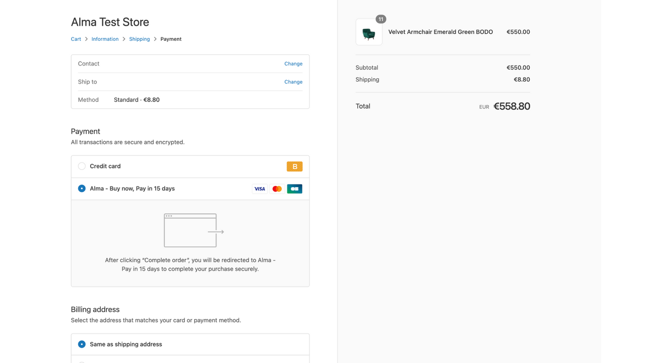 Alma payment method in shopify checkout