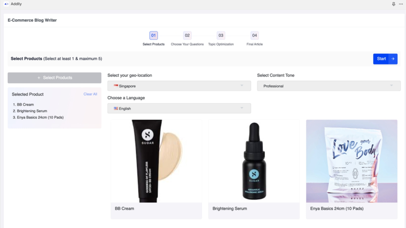 Addlly AI E-Commerce SEO Blog Writer Select Products