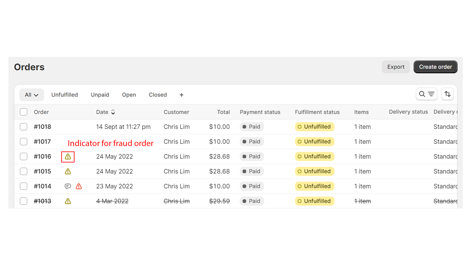 Een snelle blik op de fraude indicator op de bestellingen lijstpagina
