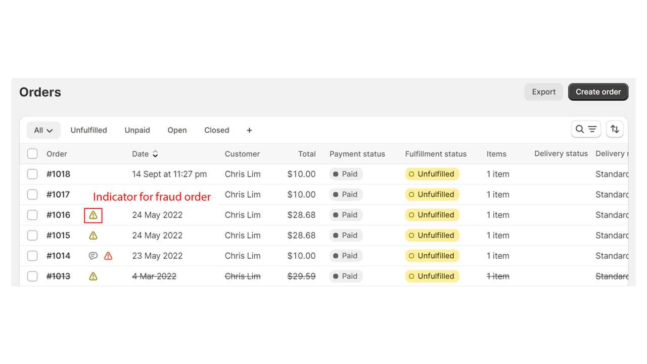 快速瀏覽訂單列表頁面上的欺詐指示器