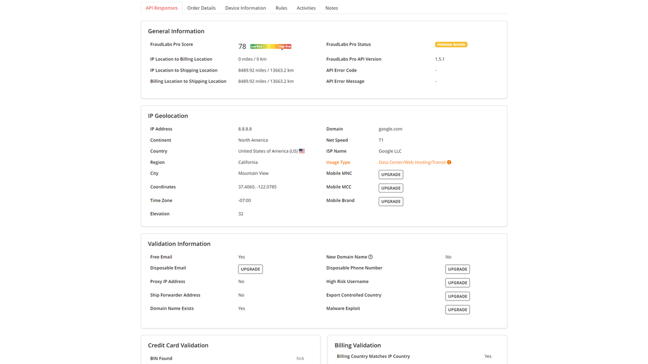 Résultats de fraude de FraudLabs Pro