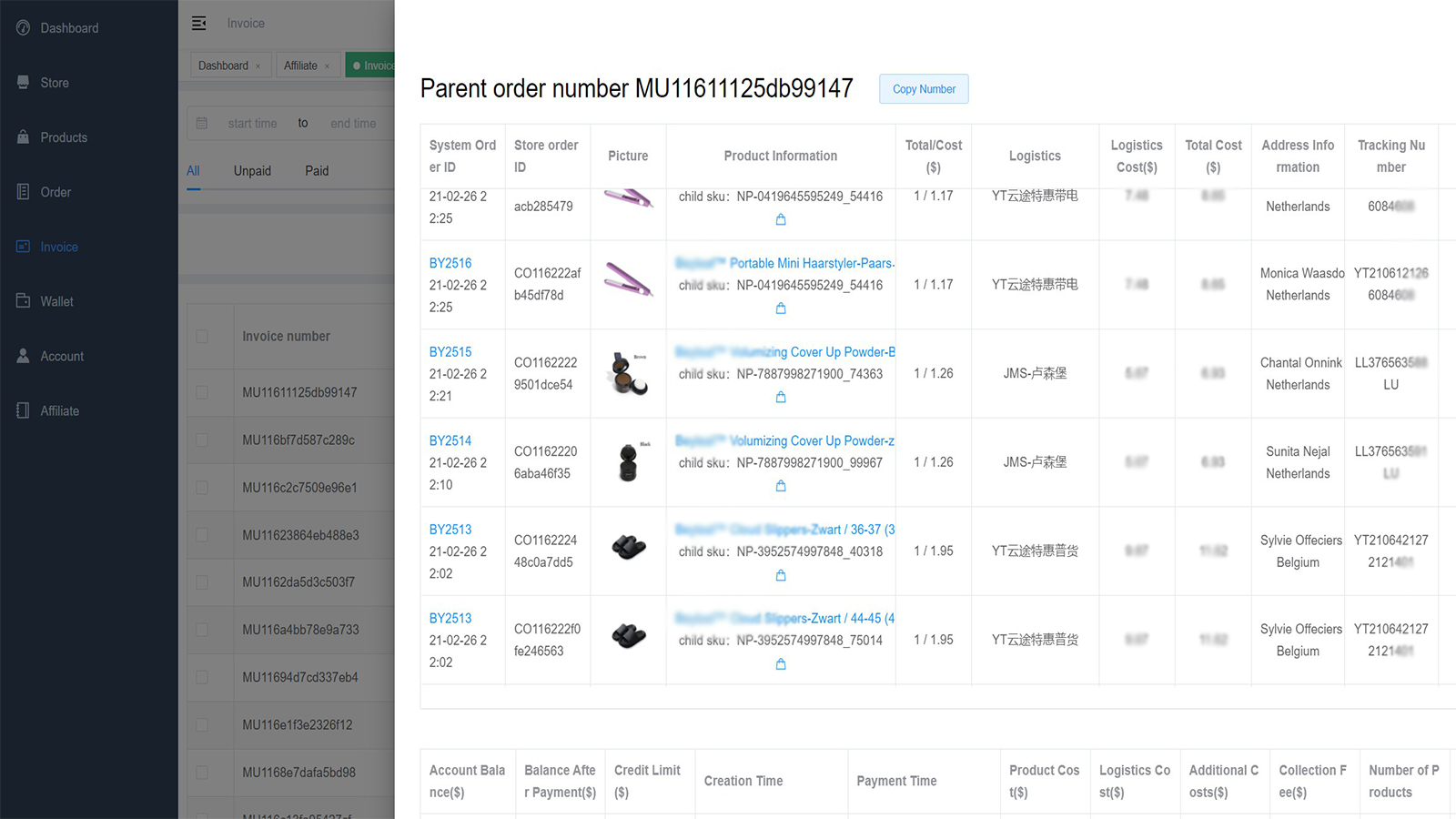 Invoice interface displays details of invoices