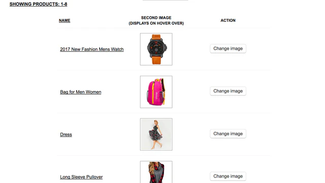 Control panel: List of products with images selected for hover