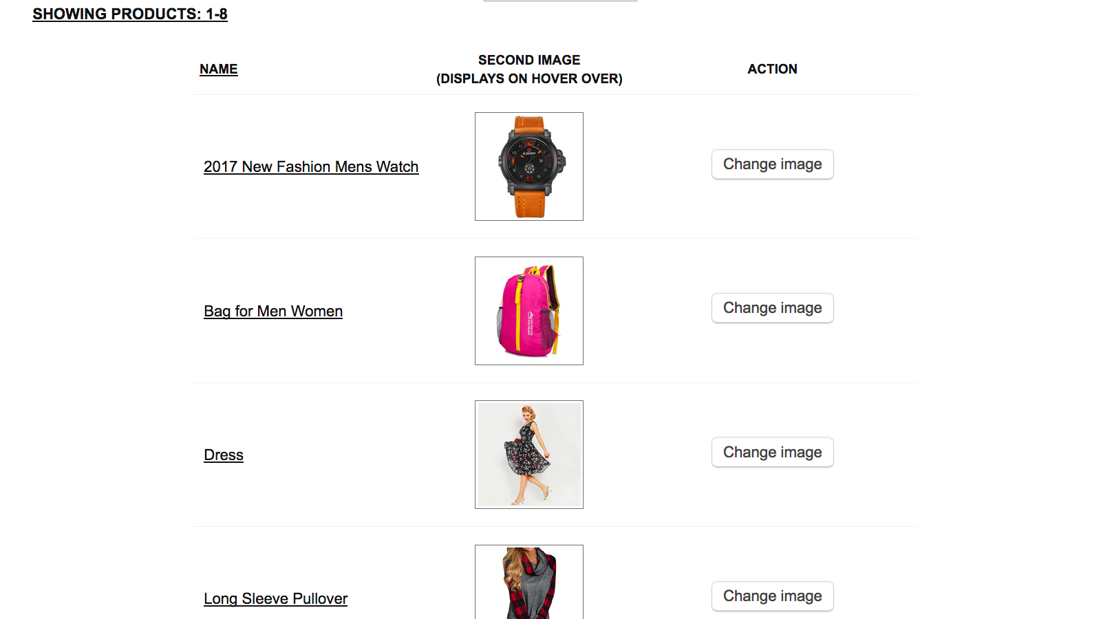 Panel de control: Lista de productos con imágenes seleccionadas para pasar el cursor