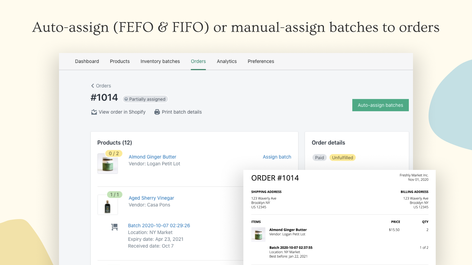 Auto-assign (FEFO & FIFO) or manual-assign batches to orders