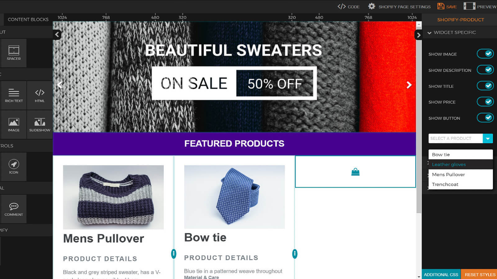 Gemakkelijk product widget ontwerp eenvoudige pagina editor bouwer