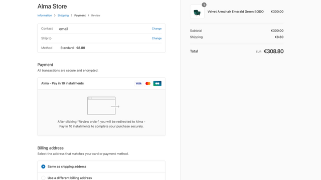 Alma payment method in Shopify checkout