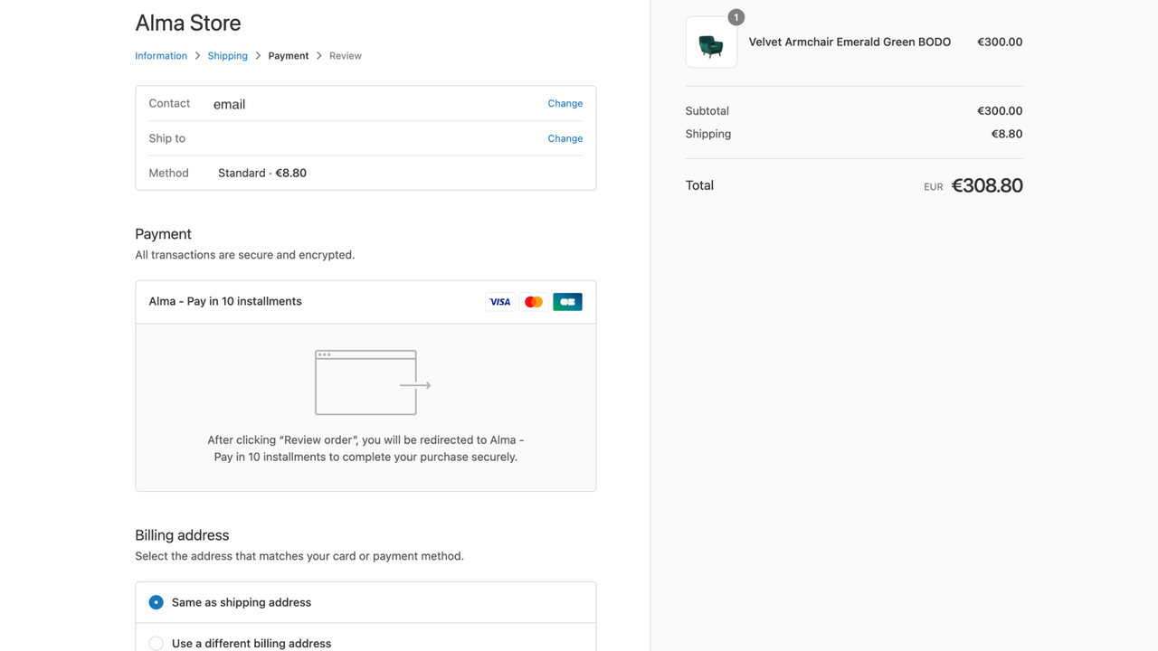 Alma payment method in Shopify checkout