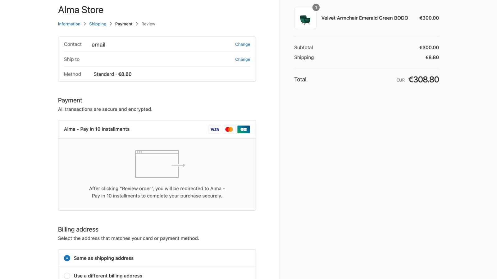 Alma payment method in Shopify checkout