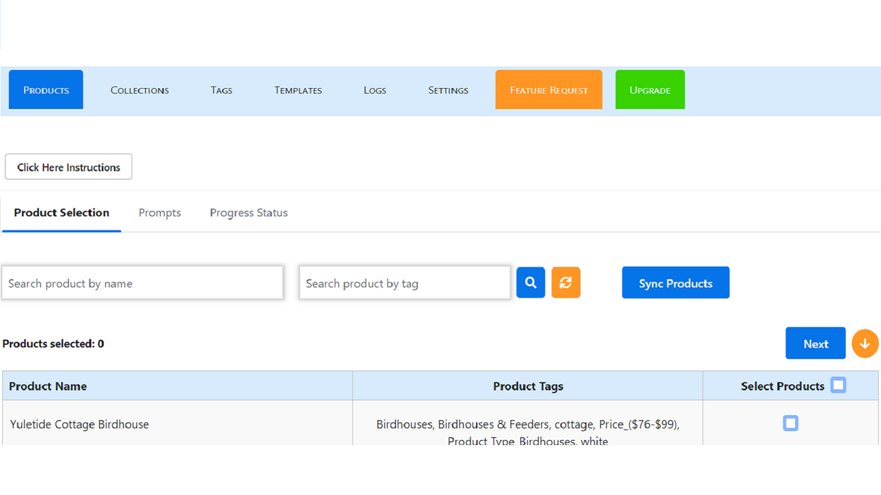 Selecciona productos para actualizar productos y texto alternativo de imagen con IA